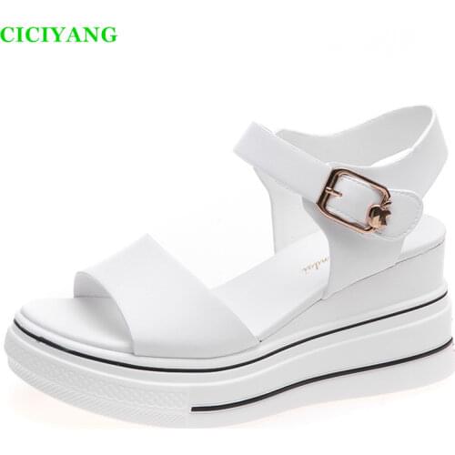 Womens Sandals Wedges New 2021 Genuine Leather Girl Student Summer Sandals Korean High Heels Thick Bottom Roman Shoes Female