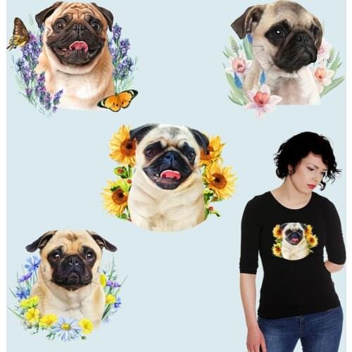 Pug Dog Flowers Patterns Thermal transfer printing Patches for Clothing DIY T-shirt Iron on patches Ironing stickers