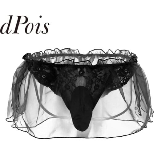 Men Sissy Lingerie Lace Flower Organza G-string Bikini Briefs Gay Male Sexy Underwear with Bulge Pouch Male Jockstrap Panties