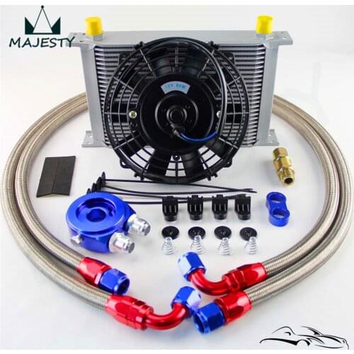 Universal 25 Row 248mm AN10 British Oil Cooler+Filter Adapter+7" Electric Fan Kit Black/Blue