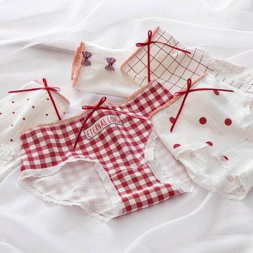 Cartoon Plaid Dot Cotton Panties Women Underwear Red Bow Cute Girls Panty Stripe Briefs Female Lingerie NK58