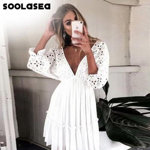 Soolasea Elegant V neck Embroidery Women Dress Ruffle Pleated Lace Up Summer Dresses Casual Sexy Hollow Out Dress Vestido Festa