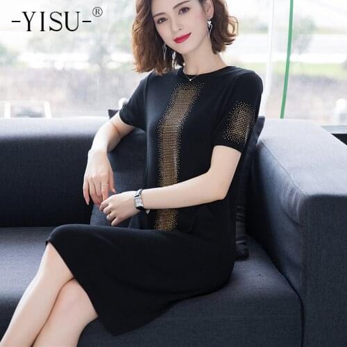 YISU Women T-shirt Dress 2020 Summer Short sleeve O neck Ice silk Cool fashion Casual long Sequins Knitted T-shirt Dress Women