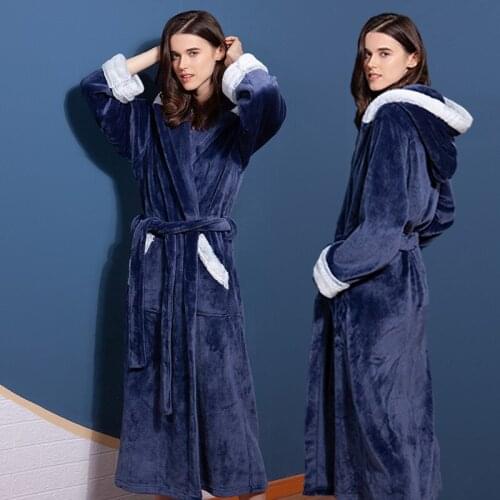 Winter Flannel Long Velvet Thick Warm Soft Couples Nightgown Hooded Bathrobe Lovers Casual Home Dressing Gown Pajamas Sleepwear
