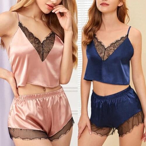 2Pcs Women V Neck Lace Patchwork Hollow out Camisole Shorts Sleepwear Pajamas