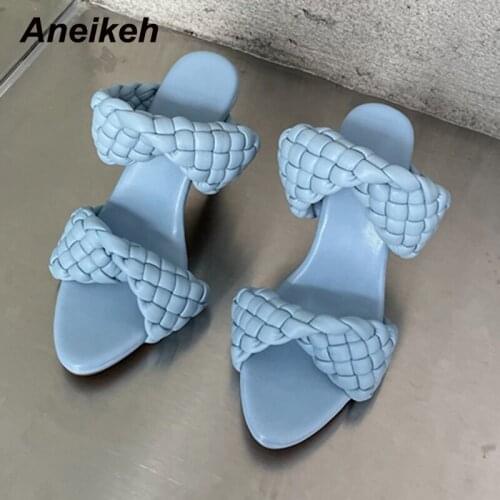 Aneikeh 2021 NEW Summer Ladies Shoes Fashion Women Peep Toe Slippers PU Sweet Thin Heels Novelty Shallow Checkered Outside Blue