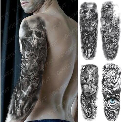 Large Arm Sleeve Tattoo Hell Devil Satan Lucifer Waterproof Temporary Tatto Sticker Praying Angel Body Art Full Fake Tatoo Men