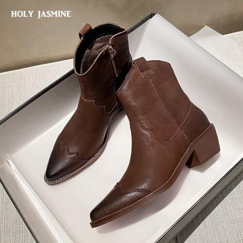 Retro Western Cowboy Boots for Women Pointed Toe Womens Shoes Brand Embossing Genuine Leather Ankle Boots Chunky Wedges Boots