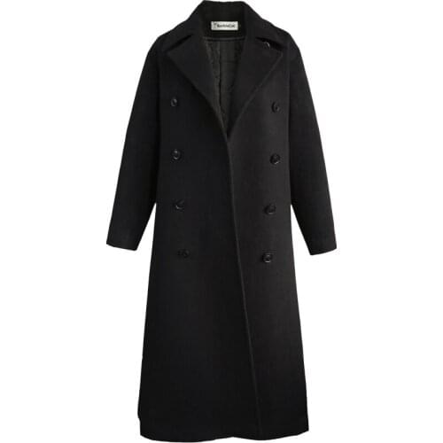 Black Women Woolen Coat Winter Solid Slim Fit Double Breasted Turn-down Collar Wool Blends coat