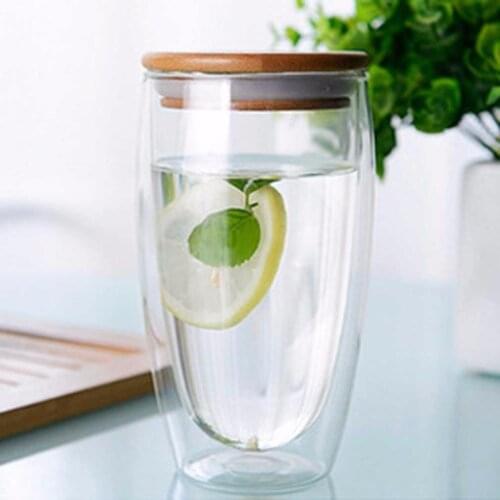 250ml/350ml/450ml Double Layer Wall Clear Glass Tea Cups + Bamboo Lid Set Anti-scalding Glass Coffee Tea Milk Insulation Mugs