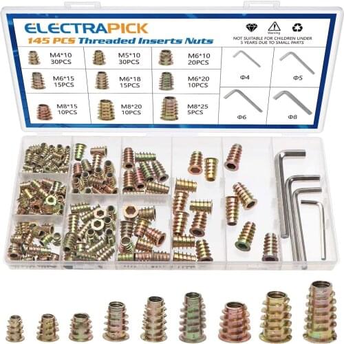Electrapick 145pcs M4 M5 M6 M8 Zinc Alloy Hex Socket Drive Insert Nuts Threaded For Wood Furniture Nut With Wrenchs Hardware