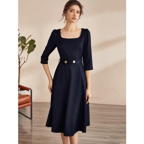 Elegant dark blue dress womens autumn 2021 new style temperament square neck lace up big swing skirt