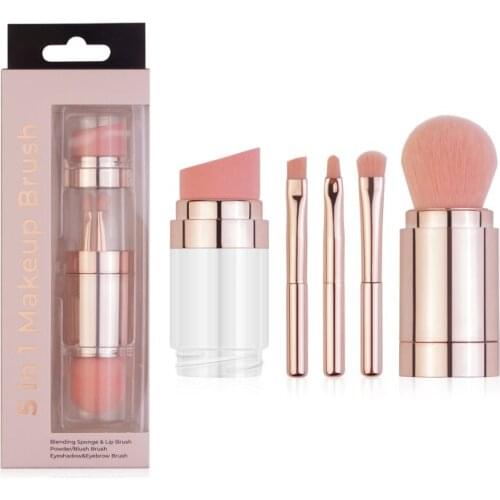 5in1 Makeup Brushes Multifunctional Lip Brush Eye Shadow Powder Puff Blush Brush Foundation Brush Portable Makeup Brush With Box