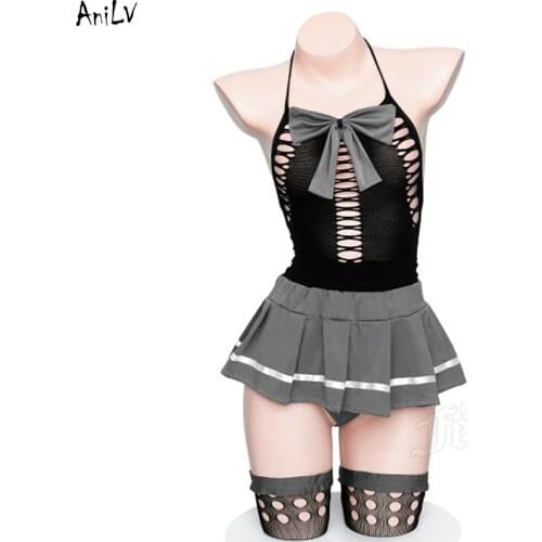 AniLV Japanese Student Sailor Halter Swimsuit Dress Costume Anime Comics Girl Backless Swimwear Uniform Set Pool Party Cosplay