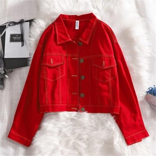 Vintage Short Jeans Jacket Women Autumn Loose Basic Coat 2020 Harajuku White Black Red Denim Jacket Casual Outerwear Women H320