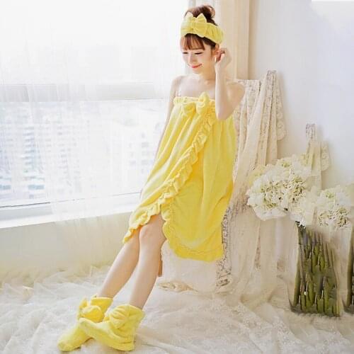 Cute Winter 3PCS Flannel Strapless Nightdress Bath Skirt Pajamas Bath Towel With Hair Band Foot Cover Lounge Intimate Lingerie