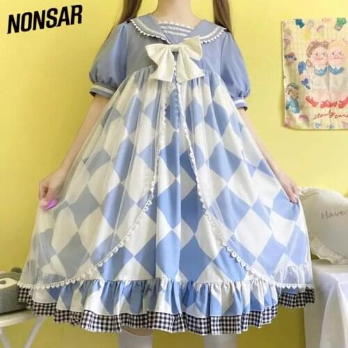 NONSAR Sweet Kawaii Lolita Dress Women Short Sleeve Bow Cute Gothic Cartoon Gride Party Dresses
