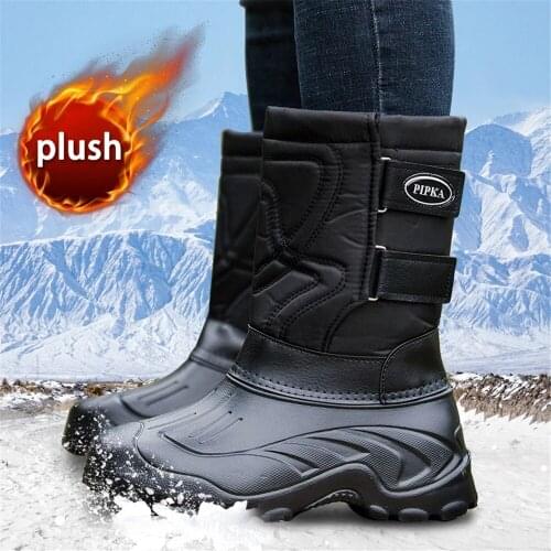 2021 Winter Camouflage Snow Booties Rain Men Shoes Waterproof Fur Plush Warm Male Casual Mid-Calf Work Fishing Boots 40-46 Black
