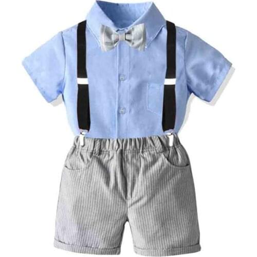 Baby Boy Clothing Shirt Bow Set Birthday Formal Costume Summer Kids Short Sky Blue Top + Gray Suspender Pants Outfits