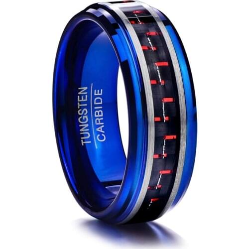 Full size 7-12 vintage men Rings inlaid red carbon fiber blue tungsten carbide ring 8MM Anillos
