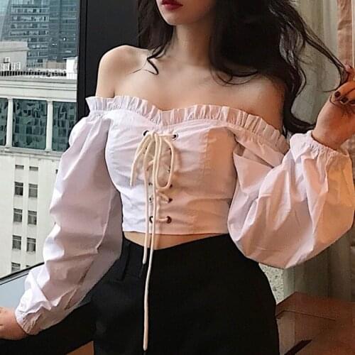 Off Shoulder Crop Top Women T-shirts Office Lady Elegant Long Bubble Sleeve White Black Party Club Sexy Casual Shirt