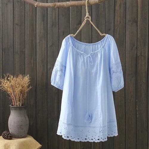 Plus Size Loose 100% Cotton Women Blouse O-Neck Solid Half Sleeved Embroidery Hollow Out Casual Lady Shirts Outwear Tops
