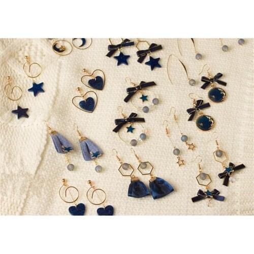 Dark blue lolita girl galaxy style stars earring ribbon bowknot ear ring christams party gift B976