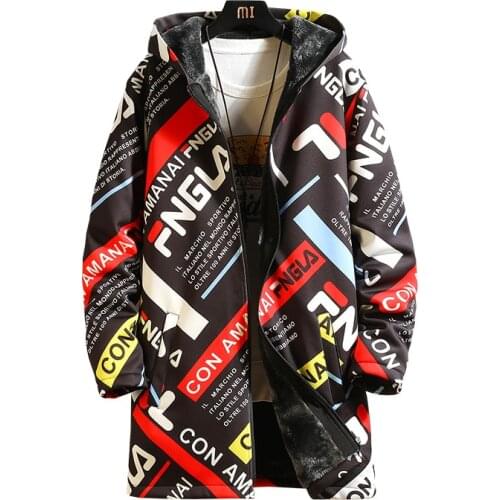 Autumn Winter Men Fleece Lining Trench Coat Thick Warm Outwear Letters Print Long Windbreaker K12
