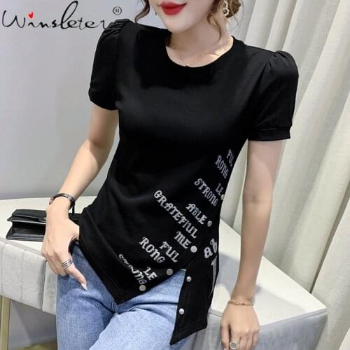 Summer European Style Cotton T-Shirt Woman Fashion Sexy Irregularity Button Women Tops Short Sleeve Bottoming Shirt Tees T16022A