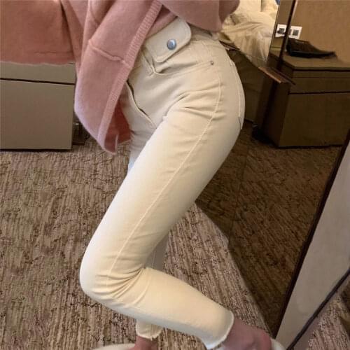 Woman Jeans Pants Large Size Autumn Winter Stretch High Waist Beige Skinny Tappered Pants Pantalones Vaqueros Mujer