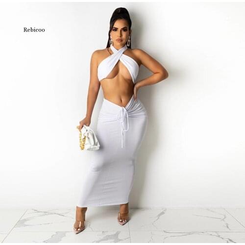Women Sexy Two Piece Set Cross Halter Crop Top Maxi Skirt Party Club Vacation Outfits Women Summer Clothing New