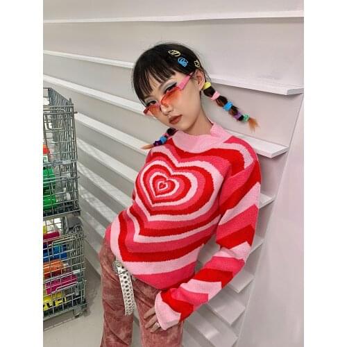 Spring Vintage Hot Girl Red Heart Shaped Sweaters Women O-neck Y2K Pink Punk Harajuku Heart Stripped Women Sweaters