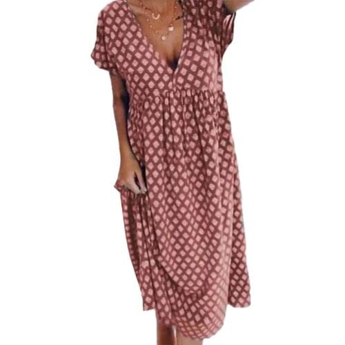 Women Boho Short Sleeve Deep V Neck Geometric Print Large Hem Loose Midi Dress