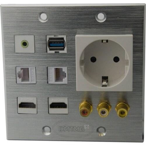 120 X 120mm Aluminum face plate with HDMI 3.5mm Audio 3RCA AV USB EU power wall plate and support DIY