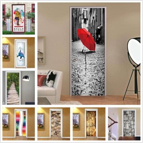 2PCS/SET Red Umbrella Door Sticker PVC Adhesive Waterproof Removable Wallpaper Room Decoration Wall Decals Poster adesivo porta