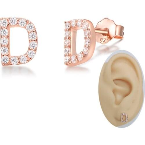 Fashion Rose Gold Plated 925 Sterling Silver CZ Letter Initial Stud Earrings Small Alphabet A-Z For Women Girls