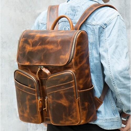Crazy Horse Leather Backpack Men 's Business First Layer Cowhide Travel Backpacks 15.6 inch laptop bag Retro Leather school bags
