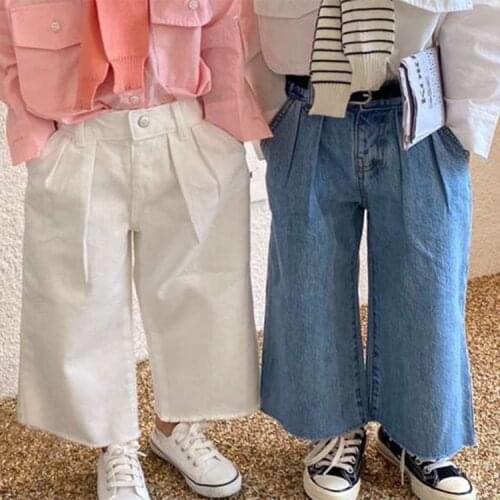 Spring and summer Korean childrens new style trousers, simple wide-leg straight-leg frayed jeans for boys and girls