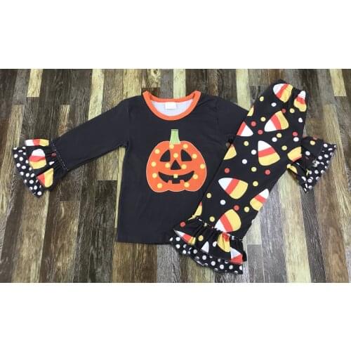 Baby girl Halloween cute ghost and pumpkin lace long sleeve top bell bottom boutique set