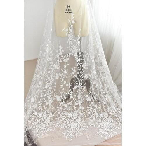 Bridal dress lace long flowers patch embroidery lace with sequinces wedding dress lace fabrics