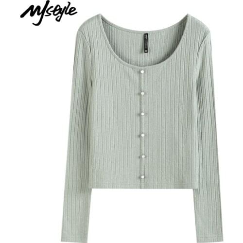 MJstyle 2021 Spring Korean Style V-neck Slim Retro Knitted Long-sleeved T-shirt Women Tops, Summer Green Black Sweater 521190111