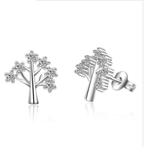 KOFSAC New Simple Shiny CZ Cute Small Tree Earring Sterling Silver 925 Stud Earrings For Women Girl Party Jewelry Christmas Gift