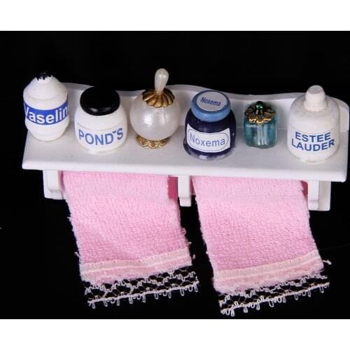 1/12 Dollhouse Miniature Bathroom Set Towel Rack Makeup Cosmetic Set