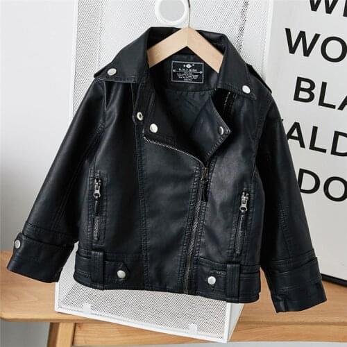 Girls Boys Black Pu Zipper Jackets Kids Baby Leather Jacket Spring Autumn Cool Coat Children Clothes Overcoats 2-14T