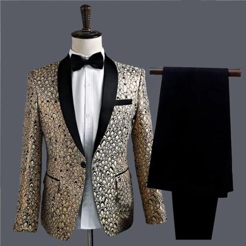 Mens Gold Feather Jacquard Suits with Pants Brand Slim Fit Shawl Lapel Suit Men Wedding Tuxedo Suit Men Stage Host Costume Homme