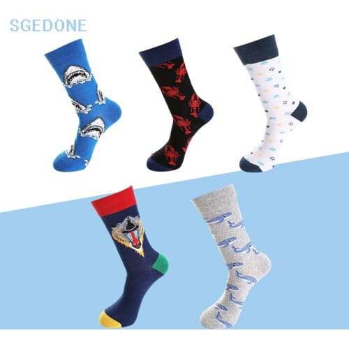 SGEDONE New Men Women Happy Socks Shark socks Catoon Pattern Hip Hop Street Wear kanye west ins casual crew socks