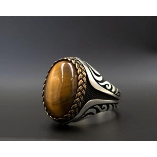 New Authentic Sterling Silver Antique Turkish Oval Tiger Eye Stone Master Hand Ring Mens Rustic Hallmarked Male Jewelry Gift