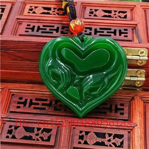 Natural Green Chinese Jade Heart Pendant Necklace Charm Jewelry Carved Amulet Fashion Accessories Gifts for Women Men