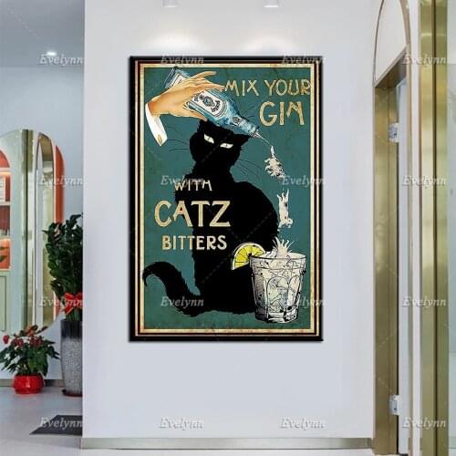 Black Cat Poster | Mix Your Gin With Catz Bitters Poster, Vintage Black Cat Prints, Cat and Wine Canvas, Home Decor, Wall Art
