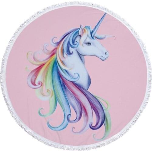 Pink Unicorn Large Round Beach Towel Thick Microfiber Towel With Floral Tassel Beach Picnic Blanket Unicorn Cooling Towel